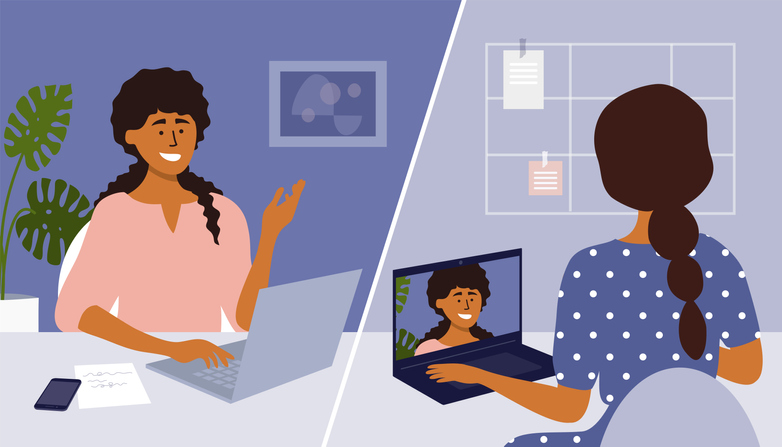 cartoon of two women meeting virtually via their laptops